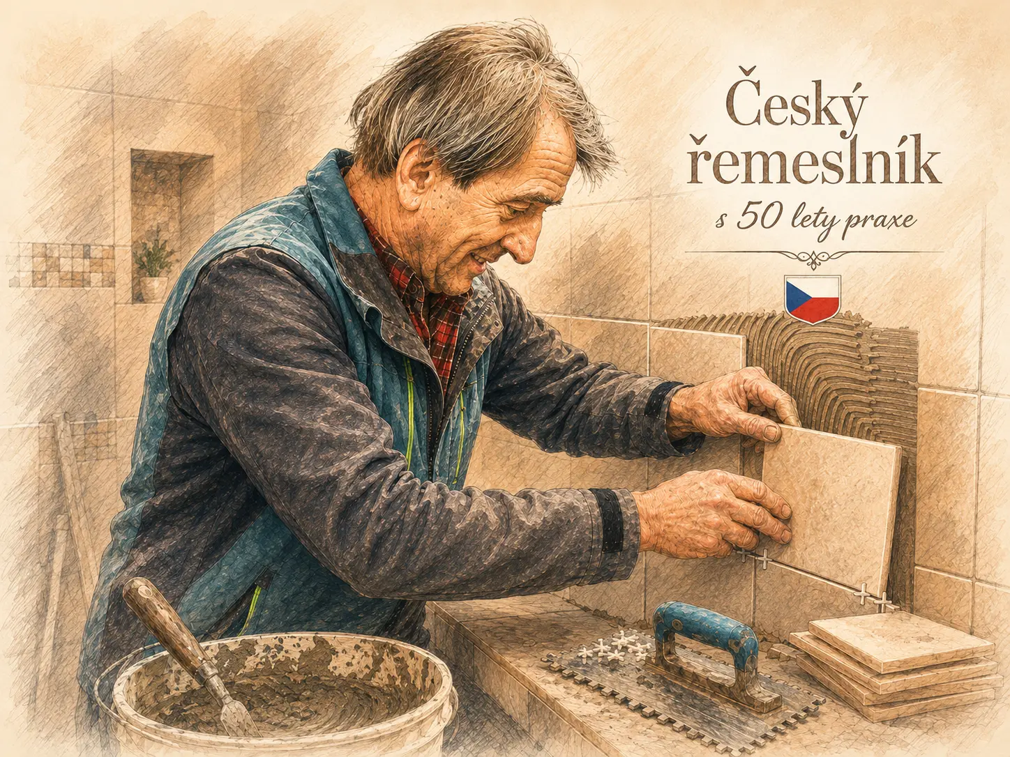 Václav Mihoc při obkládání koupelny